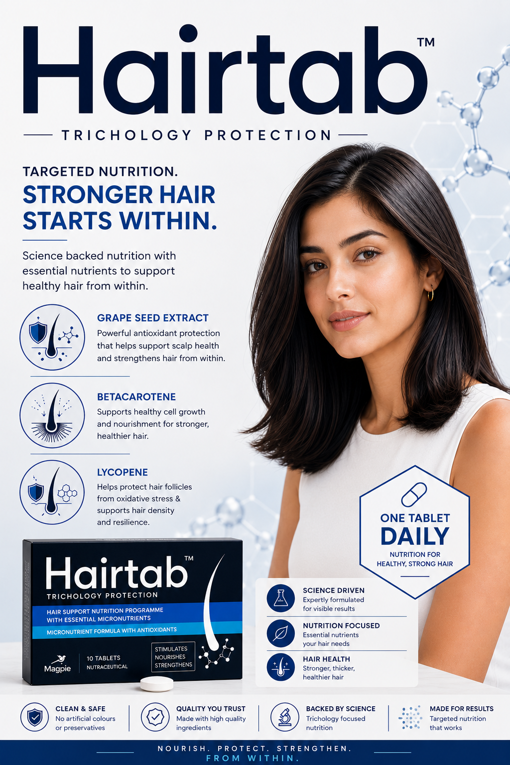 Hairtab Tablets ( Trichology Protection)   : Hair Support Nutrition . 30 tablets: Men & Women Health( STIMULATES, NOURISHES & STRENGTHENS)