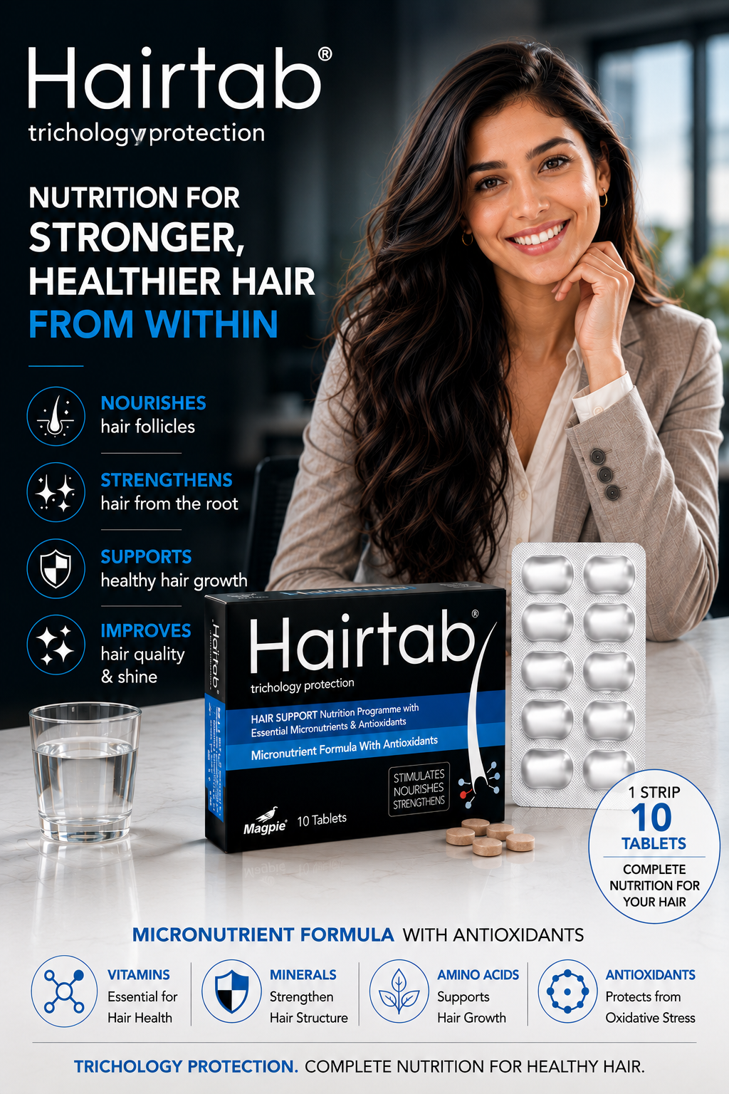 Hairtab Tablets ( Trichology Protection)   : Hair Support Nutrition . 30 tablets: Men & Women Health( STIMULATES, NOURISHES & STRENGTHENS)