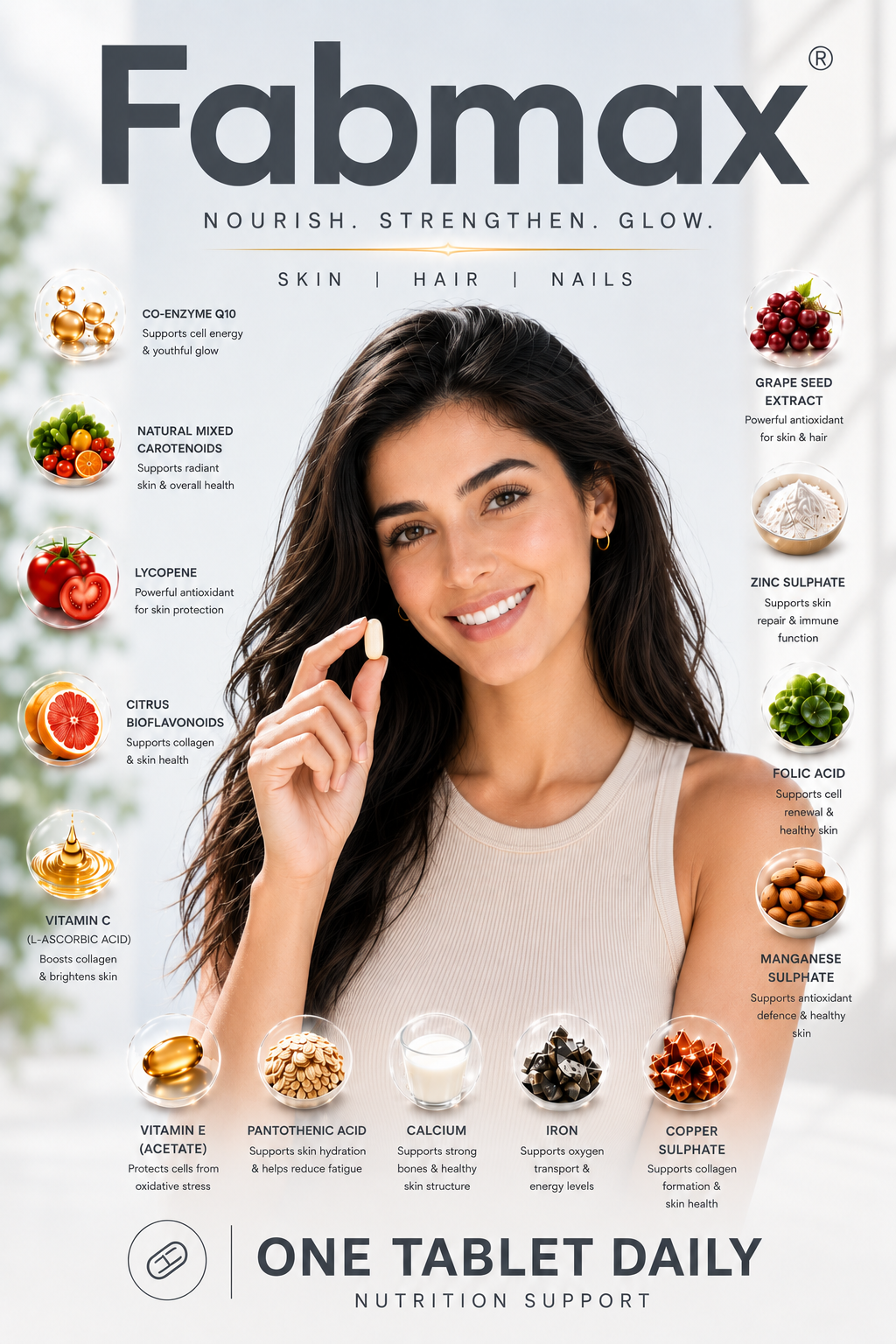 Fabmax Tablets : Skin, Hair & Nails Beauty Supplement / Nutrition Support ( 30 tablets ): Women Health: Radiant Skin , Lustrous Hair & Healthy Nails