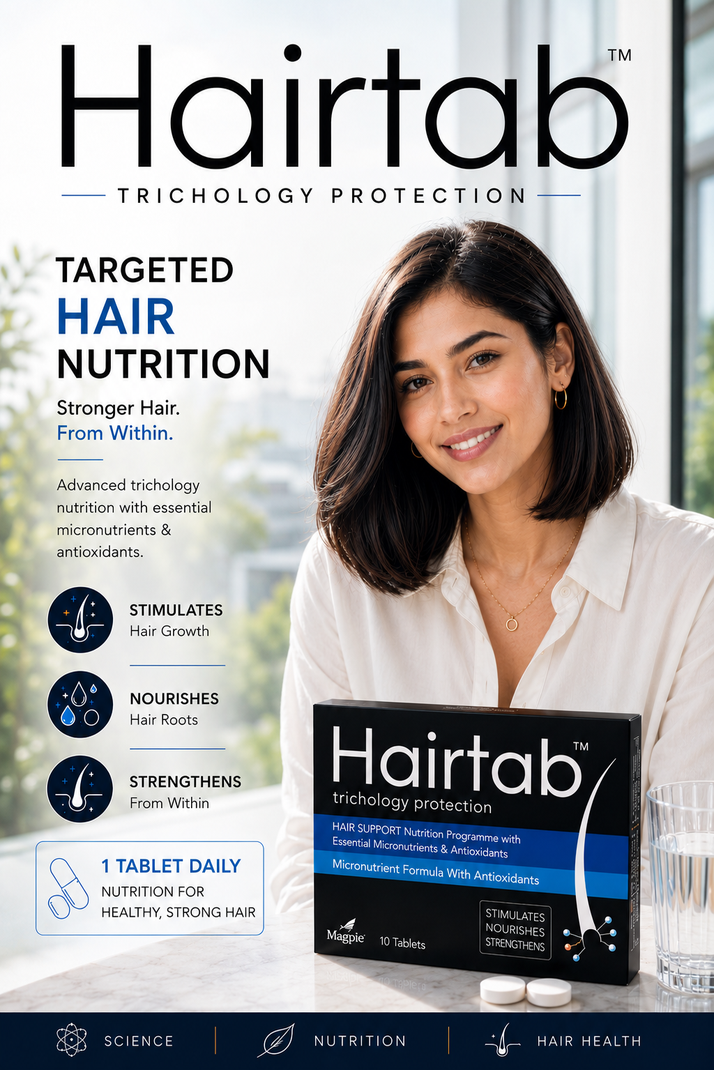 Hairtab Tablets ( Trichology Protection)   : Hair Support Nutrition . 30 tablets: Men & Women Health( STIMULATES, NOURISHES & STRENGTHENS)