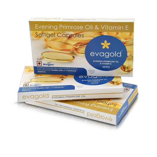 Evagold Softgel Capsule : Evening Primrose oil with Vitamin E ( women health) 30 Softgel capsules : Hormonal balance & Healthy skin