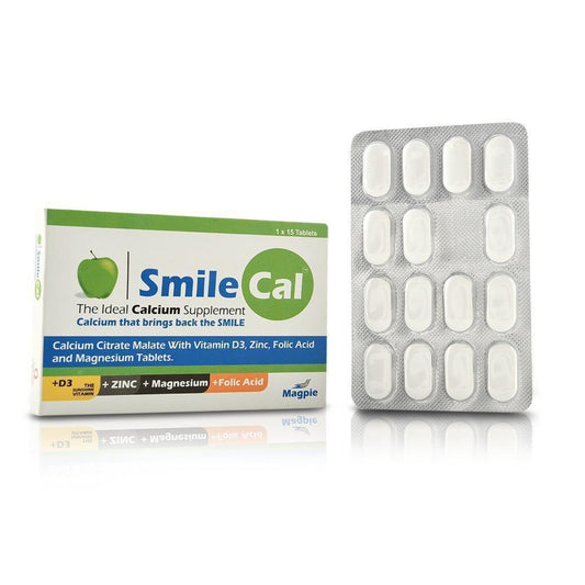 Smilecal Tablets : Calcium with magnesium, Zinc ,Folic Acid & Vitamin D. ( 45 tablets ): Men & Women Health