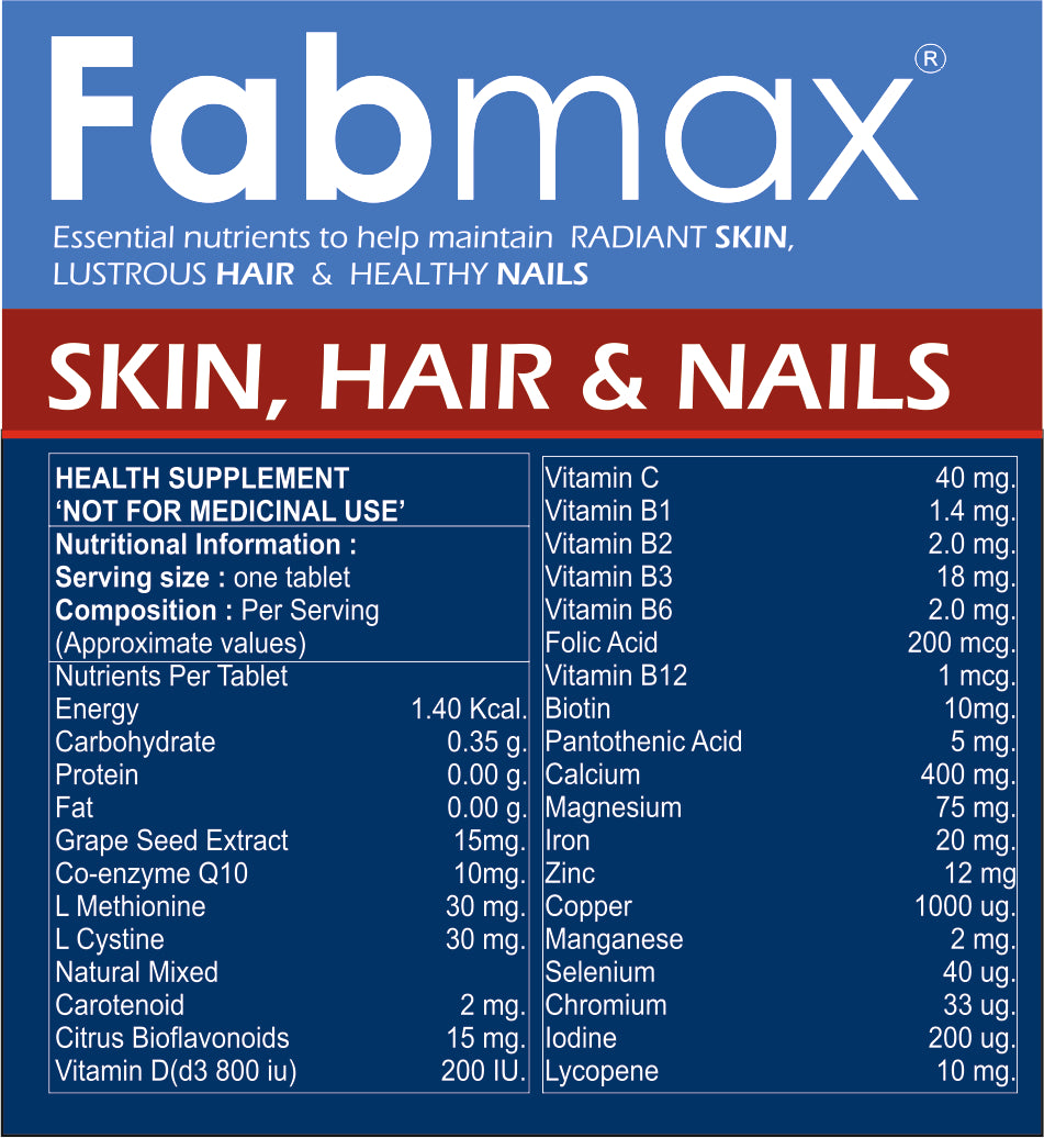 Fabmax Tablets : Skin, Hair & Nails Beauty Supplement / Nutrition Support ( 30 tablets ): Men & Women Health: Radiant Skin , Lustrous Hair & Healthy Nails