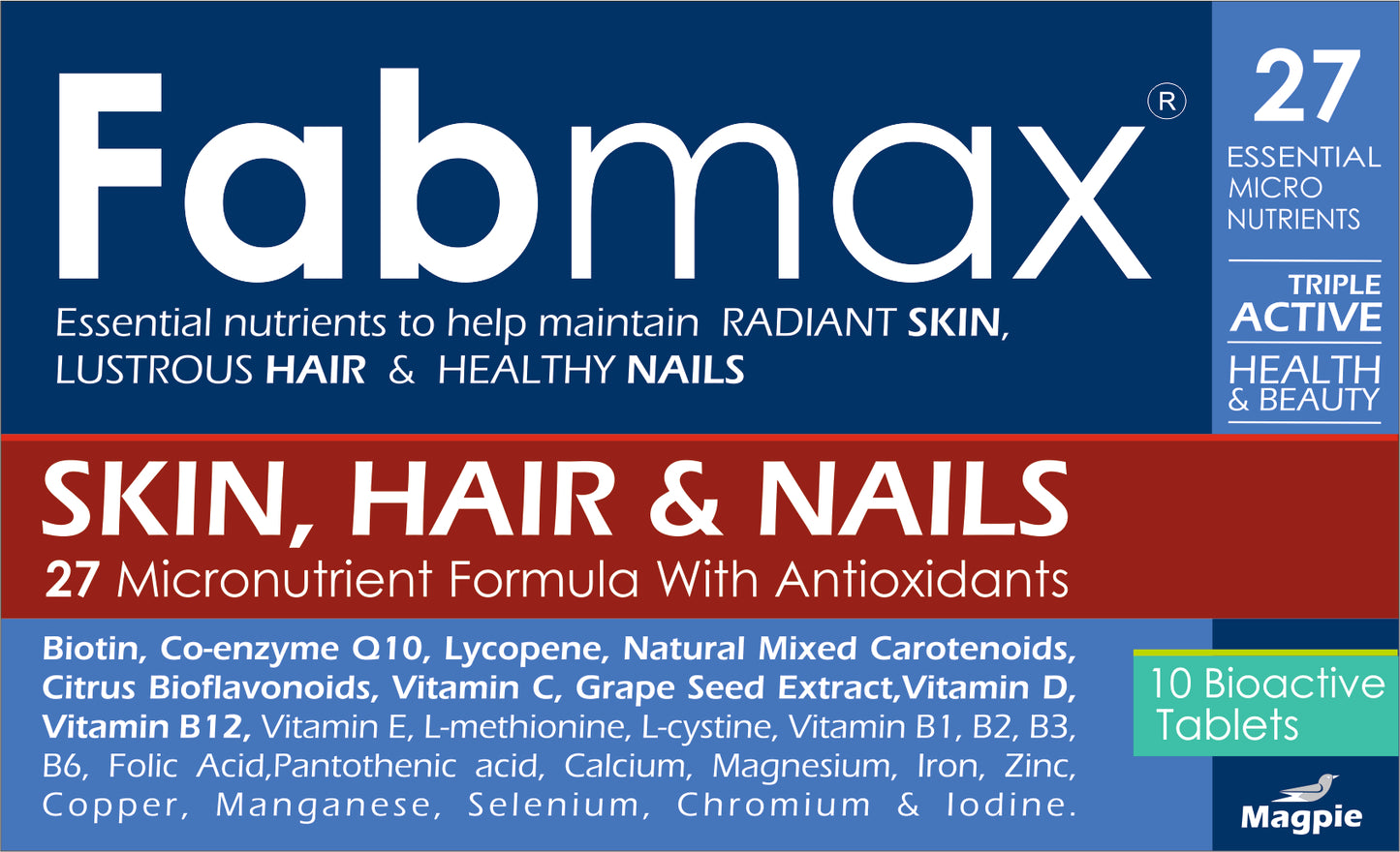 Fabmax Tablets : Skin, Hair & Nails Beauty Supplement / Nutrition Support ( 30 tablets ): Men & Women Health: Radiant Skin , Lustrous Hair & Healthy Nails