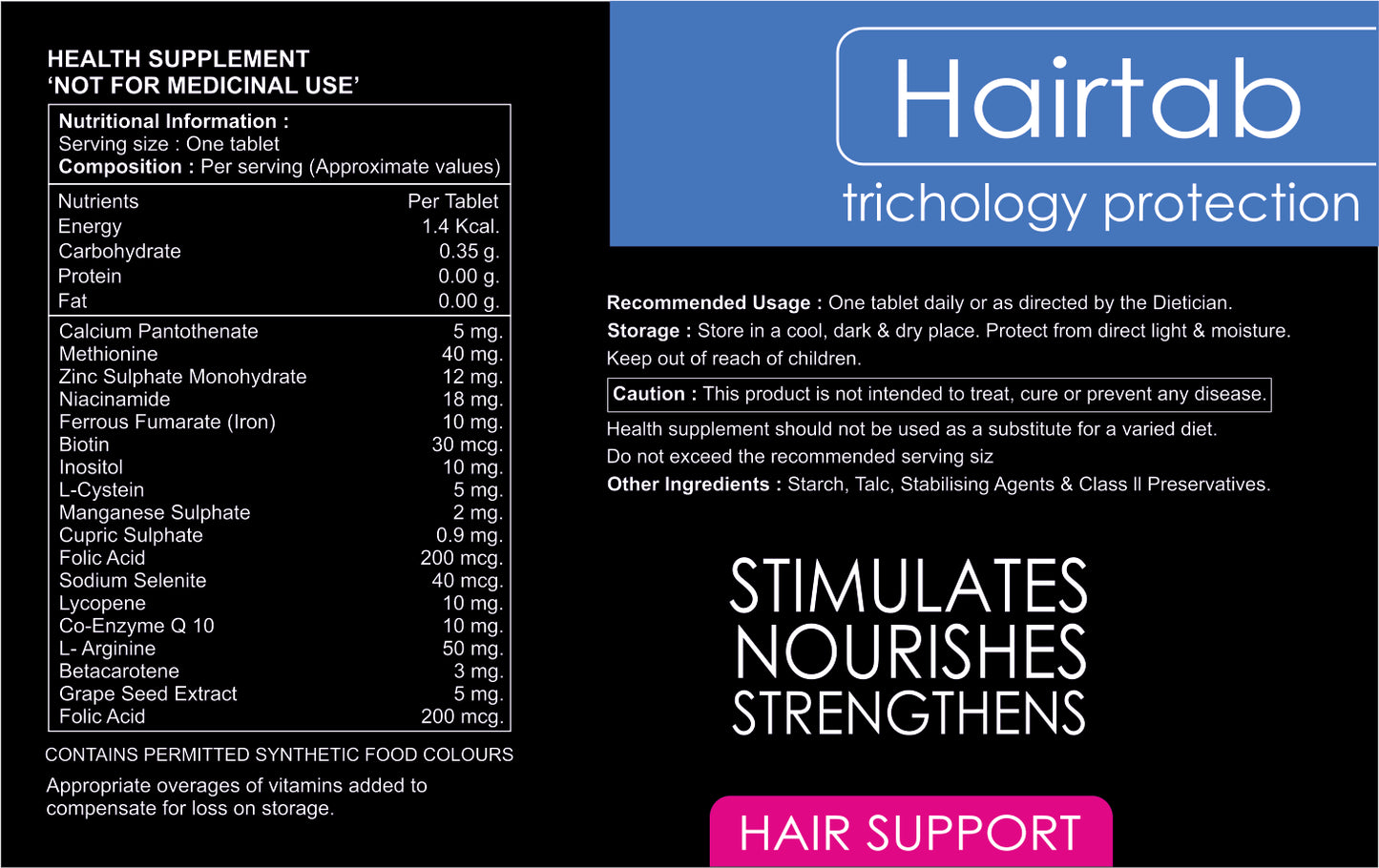 Hairtab Tablets ( Trichology Protection)   : Hair Support Nutrition . 30 tablets: Men & Women Health( STIMULATES, NOURISHES & STRENGTHENS)